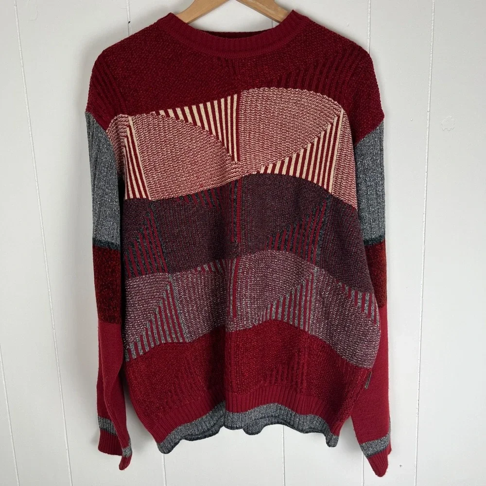 Vintage 90s Monte Carlo Wool Blend Geometric Patchwork Sweater Size 54 XL Coogi